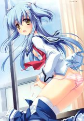 Rule 34 | 1girl, :o, absurdres, aoto mikamo, ass, blue hair, blush, breasts, clothes pull, curtains, d:, dressing, from behind, glass, highres, huge filesize, long sleeves, looking at viewer, matsushita makako, necktie, nipples, no bra, open clothes, open mouth, open shirt, panties, parted lips, pink panties, red necktie, school uniform, shirt, side-tie panties, skirt, skirt pull, small breasts, strawberry nauts, striped clothes, striped panties, tying, underwear, undressing, white shirt, window, wings, yellow eyes