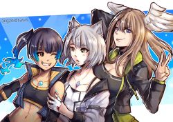 Rule 34 | 3girls, abs, animal ears, black bodysuit, black choker, black jacket, blue eyes, blush, bodysuit, breast tattoo, breasts, camisole, cat ears, chest jewel, choker, cleavage, collarbone, eunie (xenoblade), fiery hair, glowing lines, gzei, head wings, jacket, large breasts, long hair, looking at viewer, mio (xenoblade), multicolored hair, multiple girls, navel, one eye closed, open clothes, open jacket, sena (xenoblade), short hair, simple background, skirt, small breasts, smile, sports bra, tank top, tattoo, v, white hair, white jacket, white skirt, white tank top, white wings, wings, xenoblade chronicles (series), xenoblade chronicles 3, yellow eyes