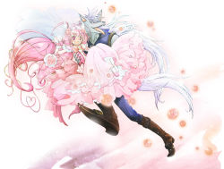 Rule 34 | 10s, 1boy, 1girl, adapted costume, asnk, boots, bouquet, carrying, cure happy, dress, eyelashes, flower, full body, furry, furry male, highres, hoshizora miyuki, long hair, pants, petals, pink dress, pink eyes, pink flower, pink hair, pink rose, precure, princess carry, rose, running, sharp teeth, smile precure!, surprised, teeth, twintails, werewolf, white hair, wolfrun