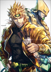 Rule 34 | 2boys, artist name, belt, black nails, blonde hair, dio brando, earrings, grin, hand on own hip, headband, heart, holding, holding knife, jacket, jewelry, jojo no kimyou na bouken, k-suwabe, knife, looking at viewer, male focus, multiple boys, nail polish, red eyes, short hair, simple background, smile, spiked hair, stand (jojo), the world, upper body, white background, yellow jacket