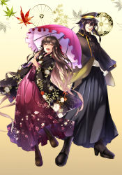 Rule 34 | 1boy, 1girl, :d, alternate costume, amakasu masahiko, black hair, boots, brown hair, commentary request, cross-laced footwear, crossover, fate/grand order, fate (series), floral print, gloves, hat, hatori mia, highres, japanese clothes, katana, kimono, koha-ace, lace-up boots, leaf, leaf print, long hair, maple leaf, maple leaf print, oda nobunaga (fate), oda nobunaga (koha-ace), open mouth, parasol, peaked cap, purple eyes, smile, soushuu senshinkan gakuen hachimyoujin, sword, teeth, umbrella, upper teeth only, weapon, white gloves