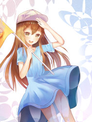 Rule 34 | 10s, 1girl, :d, absurdres, bad id, bad pixiv id, baseball cap, blue dress, brown eyes, brown hair, dress, dutch angle, flag, floating hair, hair between eyes, hat, hataraku saibou, highres, holding, holding flag, long hair, looking at viewer, open mouth, platelet (hataraku saibou), pray (furei), short dress, short sleeves, smile, solo, standing, very long hair, white hat