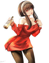 Rule 34 | 1girl, absurdres, bare shoulders, black hair, black pantyhose, bottle, breasts, cleavage, commentary, cowboy shot, dress, grey hairband, hair between eyes, hairband, highres, holding, holding bottle, large breasts, long sleeves, looking at viewer, nui gurumi, off-shoulder dress, off-shoulder sweater, off shoulder, pantyhose, red dress, red eyes, red sweater, short dress, short hair with long locks, simple background, solo, spy x family, standing, sweater, sweater dress, thighs, tongue, tongue out, white background, yor briar