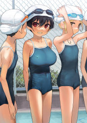 Rule 34 | 4girls, black hair, blonde hair, blue one-piece swimsuit, blush, breasts, collarbone, colored eyelashes, commentary request, covered erect nipples, covered navel, flat chest, goggles, goggles on head, hair between eyes, highres, kaedeko (kaedelic), lady flat chest (kaedeko), large breasts, looking at another, multiple girls, one-piece swimsuit, oppai loli, original, red eyes, revision, sasaki kanna (kaedeko), school swimsuit, smile, standing, swimsuit