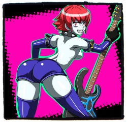 Rule 34 | 1girl, ass, back, bent over, blue skin, breasts, capcom, collar, colored skin, elbow gloves, electric guitar, from behind, genderswap, genderswap (mtf), gloves, grin, guitar, instrument, midnight bliss, osamu yagi, purple thighhighs, red eyes, red hair, sharp teeth, short hair, shorts, smile, solo, spiked collar, spikes, teeth, thighhighs, topless, vampire (game), zabel zarock