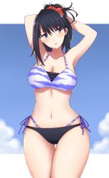 Rule 34 | 1girl, absurdres, animal print, arind yudha, armpits, arms behind head, arms up, bikini, black bikini, black hair, blue eyes, blue sky, breasts, cleavage, cloud, commentary request, cowboy shot, facing viewer, gridman universe, highres, large breasts, layered bikini, long hair, looking to the side, mismatched bikini, orange scrunchie, scrunchie, side-tie bikini bottom, sky, solo, ssss.gridman, standing, swimsuit, takarada rikka, thigh gap, tiger print