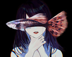 Rule 34 | 1girl, black background, blurry, chromatic aberration, colored skin, commentary request, covered eyes, crying, donguri hello, facing viewer, fish, fish request, hands on own neck, hands up, highres, long hair, original, pale skin, parted lips, pill, portrait, purple hair, simple background, solo, spaghetti strap, straight-on, strap slip, streaming tears, tears, teeth, tongue, upper teeth only, white skin