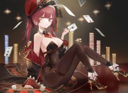 Rule 34 | 1girl, ace (playing card), ace of spades, bare shoulders, black coat, black footwear, black hat, black leotard, blush, breasts, brown pantyhose, card, cleavage, coat, commentary, covered navel, detached collar, fishnet pantyhose, fishnets, full body, hat, heterochromia, high heels, holding, holding card, hololive, houshou marine, large breasts, legs, leotard, long hair, long sleeves, looking at viewer, nail polish, off shoulder, pantyhose, pirate hat, playboy bunny, playing card, poker chip, quarter 1404, red eyes, red hair, red nails, ribbon, sitting, smile, solo, spade (shape), strapless, strapless leotard, twintails, virtual youtuber, wrist cuffs, yellow eyes