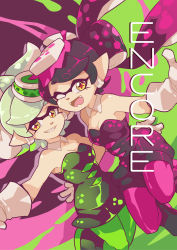 Rule 34 | + +, 2girls, ankle boots, arm around waist, black dress, black footwear, black hair, black jumpsuit, boots, brown eyes, callie (splatoon), commentary, cousins, cover, cover page, detached collar, dress, english text, fangs, food, food on head, foreshortening, gomipomi, green legwear, grey hair, grin, highres, inkling, jumpsuit, long hair, looking at viewer, marie (splatoon), mole, mole under eye, multicolored background, multiple girls, nintendo, object on head, one eye closed, open mouth, pantyhose, pointy ears, reaching, short dress, short hair, short jumpsuit, side-by-side, smile, splatoon (series), splatoon 1, standing, strapless, strapless dress, sushi, tentacle hair