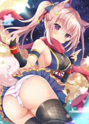 Rule 34 | 1girl, animal ear fluff, animal ears, armband, bare shoulders, black gloves, blush, bow, breasts, dog ears, dog tail, extra ears, fingerless gloves, fishnet thighhighs, fishnets, flower, gloves, hair between eyes, hair bow, hair flower, hair ornament, long hair, original, panties, picpicgram, pink eyes, pink hair, pink panties, ponytail, red scarf, red wristband, scarf, sideboob, solo, striped clothes, striped panties, tail, thighhighs, underwear, white panties, wristband