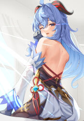 Rule 34 | 1girl, absurdres, ahoge, back, backless outfit, bare shoulders, blue hair, blush, chinese knot, curtains, detached sleeves, flower knot, from behind, ganyu (genshin impact), genshin impact, gold trim, highres, horns, indoors, long hair, looking at viewer, looking back, low ponytail, one eye closed, open mouth, purple eyes, rubbing eyes, sidelocks, sitting, smile, solo, tassel, vision (genshin impact), waist cape, waking up, white-paka, white sleeves, window