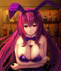 Rule 34 | 1girl, absurdres, animal ears, bottle, bow, bowtie, breasts, bust cup, detached collar, fake animal ears, fate/grand order, fate (series), hairband, highres, holding, holding bottle, large breasts, leotard, long hair, official alternate costume, playboy bunny, purple bow, purple bowtie, purple hair, purple hairband, purple leotard, rabbit ears, red eyes, scathach (fate), scathach (piercing bunny) (fate), solo, strapless, strapless leotard, upper body, usd (wwkr2537), wine bottle, wrist cuffs