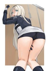 Rule 34 | 1girl, absurdres, an-94 (girls&#039; frontline), aqua eyes, ass, bathroom, bike shorts, black footwear, black gloves, black shorts, blonde hair, boots, border, from behind, girls&#039; frontline, gloves, hairband, have to pee, highres, knee boots, kuro (zhurunbo1997), long hair, looking at viewer, open mouth, outside border, shorts, simple background, solo, sweat, tears