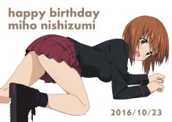 Rule 34 | 10s, 1girl, all fours, ankle boots, bad id, bad twitter id, black footwear, black jacket, black socks, blush, boots, brown eyes, brown hair, character name, commentary request, dated, embarrassed, from side, girls und panzer, happy birthday, jacket, kuromorimine military uniform, legs, long sleeves, looking at viewer, military, military uniform, miniskirt, nishizumi miho, open mouth, pleated skirt, red skirt, short hair, shounan ruizu, simple background, skirt, socks, solo, uniform, wavy mouth, white background
