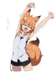 Rule 34 | 1girl, ahoge, animal ear fluff, animal ears, armpits, arms up, bare arms, bare shoulders, black shorts, brown hair, closed eyes, cowboy shot, cropped legs, facing viewer, fox ears, fox girl, fox tail, hair between eyes, hair ornament, hairclip, highres, leaning to the side, minowa sukyaru, open mouth, original, shirt, short sleeves, shorts, simple background, sleeveless, sleeveless shirt, solo, standing, stretching, tail, tears, trembling, white background, white shirt