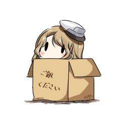 Rule 34 | 1girl, box, cardboard box, dated, hat, hatsuzuki 527, houston (kancolle), in box, in container, kantai collection, light brown hair, long hair, peaked cap, simple background, solid oval eyes, solo, translated, twitter username, white background, white hat
