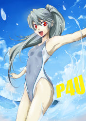 Rule 34 | 1girl, :d, arena (company), armpits, atlus, cloud, competition swimsuit, day, flat chest, highres, labrys (persona), long hair, md5 mismatch, megami tensei, onaya masakazu, one-piece swimsuit, open mouth, outstretched arms, persona, persona 4, persona 4: the ultimate in mayonaka arena, personification, ponytail, red eyes, revision, shin megami tensei, silver hair, sky, smile, splashing, spread arms, swimsuit, water