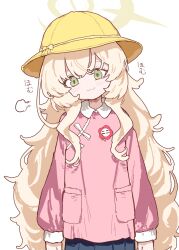 013_(hamsasuke) 1girl blonde_hair blue_archive brown_halo closed_mouth green_eyes halo hat highres kindergarten_uniform long_hair long_sleeves pink_shirt professor_niyaniya_(blue_archive) puff_of_air school_hat shirt simple_background smile solo very_long_hair white_background yellow_hat