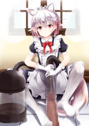 Rule 34 | 1boy, 1girl, absurdres, alternate costume, animal ear fluff, animal ears, apron, bad feet, black dress, blush, bow, censored, closed mouth, cum, curtains, dress, ejaculation, enmaided, feet, femdom, footjob, frills, gloves, hair between eyes, hair ornament, hair ribbon, highres, holding, indoors, inubashiri momiji, looking at viewer, maid, maid apron, maid headdress, mosaic censoring, penis, penis milking, pov, puffy short sleeves, puffy sleeves, red eyes, ribbon, short hair, short sleeves, sigma1023, silver hair, sitting, smile, soles, solo focus, tail, tile floor, tiles, toes, touhou, transparent, tube, two-footed footjob, vacuum cleaner, wall, white gloves, white legwear, window, wolf ears, wolf tail