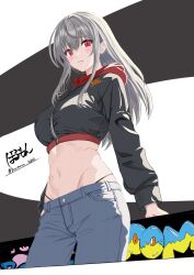 Rule 34 | alternate costume, arm support, black jacket, black panties, breasts, casual, cropped jacket, frown, goddess of victory: nikke, grey hair, highleg, highleg panties, highres, hood, hood down, hooded jacket, hormone nikke, jacket, large breasts, long hair, modernia (nikke), multicolored clothes, multicolored jacket, navel, panties, pants, red eyes, red jacket, sidelocks, signature, twitter username, underwear