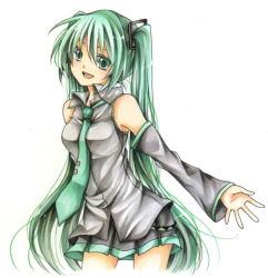 Rule 34 | 1girl, bad id, bad pixiv id, breasts, detached sleeves, female focus, green eyes, green hair, hatsune miku, long hair, matching hair/eyes, necktie, shio konbu (syoko128), simple background, skirt, smile, solo, traditional media, twintails, very long hair, vocaloid, white background