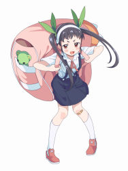 Rule 34 | 1girl, ankle socks, backpack, bag, bandaid, bandaid on knee, bandaid on leg, black hair, blush, breasts, brown eyes, child, collared shirt, fang, full body, hachikuji mayoi, hair ribbon, hairband, kneehighs, knees together feet apart, leaning forward, looking at viewer, marudeningen, mascot, monogatari (series), neck ribbon, open mouth, red footwear, ribbon, shirt, short eyebrows, short sleeves, skin fang, skirt, small breasts, socks, solo, standing, suspender skirt, suspenders, twintails, white background, white shirt
