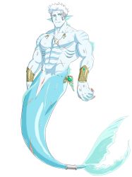 Rule 34 | 1boy, abs, bara, blue skin, bracer, bruise, cloaca, colored skin, completely nude, fins, fle0423, full body, head fins, highres, injury, jewelry, large pectorals, male focus, mature male, merman, monster boy, muscular, muscular male, navel, necklace, nipples, nude, original, pectorals, reverse newhalf, scar, scar on chest, shell, shell necklace, short hair, smile, solo, stomach, white hair
