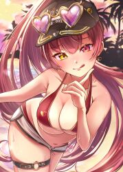Rule 34 | 1girl, bikini, bikini under shorts, black headwear, blush, breasts, cleavage, dolphin shorts, earrings, eyewear on head, gold earrings, gold necklace, grey shorts, heart, heart-shaped eyewear, heart earrings, heart necklace, heterochromia, highres, hololive, houshou marine, houshou marine (summer), jewelry, kimera maru, large breasts, long hair, necklace, o-ring, o-ring thigh strap, official alternate costume, palm tree, ponytail, red bikini, red eyes, shorts, smile, sunglasses, swimsuit, thigh strap, tongue, tongue out, tree, virtual youtuber, yellow eyes