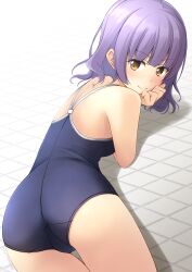 Rule 34 | 1girl, ass, blue one-piece swimsuit, bob cut, breasts, brown eyes, competition school swimsuit, from behind, hand on own chin, highres, looking at viewer, looking back, lying, medium breasts, on stomach, one-piece swimsuit, original, purple hair, school swimsuit, shibacha, solo, swimsuit, tile floor, tiles