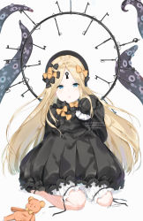 Rule 34 | 1girl, abigail williams (fate), bad id, bad pixiv id, black bow, black dress, black footwear, black headwear, blonde hair, bloomers, blue eyes, blush, bow, chuchugou, dress, fate/grand order, fate (series), forehead, hair bow, highres, key, keyhole, long hair, long sleeves, looking at viewer, multiple hair bows, open mouth, orange bow, parted bangs, polka dot, polka dot bow, ribbed dress, simple background, sitting, solo, stuffed animal, stuffed toy, teddy bear, tentacles, underwear, wariza, white bloomers