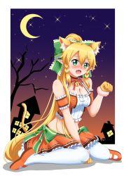 Rule 34 | 1girl, absurdres, animal ear fluff, animal ears, arm strap, bag, blonde hair, blush, bow, breasts, cat ears, cat tail, cleavage, crescent moon, embarrassed, fang, frilled bow, frills, fur-trimmed gloves, fur trim, gloves, gradient sky, green bow, green eyes, groin, hair between eyes, hair bow, halloween, halloween costume, highres, ken-ji, leafa, long hair, looking at viewer, medium breasts, midriff, miniskirt, moon, open mouth, orange footwear, orange skirt, pleated skirt, pointy ears, sitting, skirt, sky, solo, star (sky), starry sky, stomach, sword art online, tail, very long hair, wariza, white background, white legwear, yellow gloves