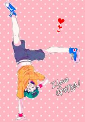 Rule 34 | 1boy, :d, bare legs, baseball cap, belt, black eyes, black hair, blue footwear, blush, character name, dragon ball, dragonball z, full body, green hat, halftone, hand on own head, handstand, happy, hat, heart, high tops, lace-up shoes, male focus, navel, one arm handstand, open mouth, orange shirt, pink background, rochiko (bgl6751010), shirt, shoes, short hair, shorts, simple background, smile, sneakers, solo, son goten, text focus, unmoving pattern, upside-down, white background, wristband