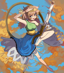 Rule 34 | 1girl, :d, arm up, armpits, bare legs, bare shoulders, barefoot, between legs, bracelet, breasts, brown eyes, brown hair, cloud, day, dress, frilled dress, frills, full body, hair ornament, hand on own head, highres, holding, holding staff, jewelry, leg up, looking at viewer, medium breasts, monkey tail, open mouth, outdoors, short hair, single-shoulder dress, single sleeve, single strap, sky, smile, solo, son biten, staff, syope, tail, tongue, touhou, unfinished dream of all living ghost, weapon