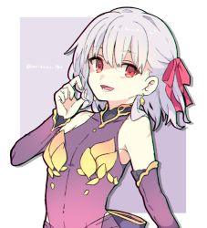 Rule 34 | 1girl, bad id, bad twitter id, detached sleeves, earrings, fate/grand order, fate (series), hair ribbon, jewelry, kama (fate), kama (first ascension) (fate), playing with own hair, red eyes, ribbon, silver hair, smile, solo, twitter username, yoriteruru