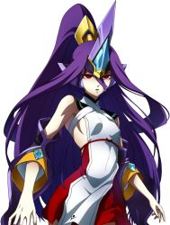 Rule 34 | 1girl, bare shoulders, blazblue, blazblue: central fiction, breasts, crown, crystal, detached sleeves, expressionless, hades izanami, headgear, headwear request, horns, long hair, mikado (blazblue), non-web source, nontraditional miko, official art, pale skin, ponytail, purple hair, red eyes, shirt, single horn, sleeveless, sleeveless shirt, small breasts, solo, very long hair, wide sleeves