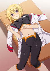 Rule 34 | 10s, 1girl, bad id, bad pixiv id, blonde hair, blush, bodysuit, breasts, charlotte dunois, clothes lift, infinite stratos, leggings, legs, long hair, lying, mattaku mousuke, medium breasts, midriff, navel, open mouth, pilot suit, purple eyes, shiny clothes, shirt lift, solo, spandex, table, thighs, tight clothes