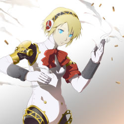 Rule 34 | 1girl, aegis (persona), android, armband, atlus, bad id, bad pixiv id, blonde hair, blue eyes, bow, female focus, gradient background, gun, persona, persona 3, shell casing, short hair, smoke, smoking barrel, solo, ultra00, weapon