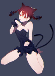 Rule 34 | 1girl, alternate costume, animal ears, bare arms, bare legs, bare shoulders, barefoot, black dress, braid, cat ears, cat tail, dress, highres, kaenbyou rin, looking at viewer, multiple tails, nekomata, paw pose, red eyes, red hair, sitting, sleeveless, sleeveless dress, solo, strapless, strapless dress, tail, tian (my dear), touhou, twin braids, two tails, wariza