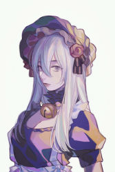 Rule 34 | 1girl, absurdres, bell, neck bell, bonnet, breasts, cleavage, closed mouth, collar, commentary request, detached collar, dress, ez 1011, flower, frilled collar, frills, grey eyes, grey hair, hair between eyes, hat, hat flower, highres, jingle bell, juliet sleeves, large breasts, lips, long hair, long sleeves, looking at viewer, original, puffy sleeves, purple dress, red rose, rose, simple background, solo, upper body, white background