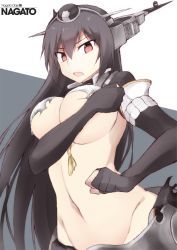Rule 34 | 10s, 1girl, bad id, bad pixiv id, black gloves, black hair, breasts, character name, covering privates, covering breasts, elbow gloves, gloves, hair between eyes, headgear, kantai collection, large breasts, nagato (kancolle), nagato kai ni (kancolle), open mouth, partially fingerless gloves, red eyes, shigino sohuzi, solo, torn clothes
