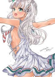 Rule 34 | 1girl, absurdres, anchor hair ornament, artist name, bad anatomy, blush, cowboy shot, dress, green eyes, grey hair, hair ornament, highres, kantai collection, long hair, maestrale (kancolle), mizuta kenji, neckerchief, one-hour drawing challenge, open mouth, signature, simple background, sleeveless, sleeveless dress, smile, solo, twitter username, white background, white dress