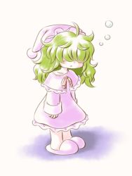 Rule 34 | 1girl, echigo yaya, frilled hat, frilled nightgown, frills, green hair, hair over eyes, hat, kazami yuuka, kazami yuuka (pc-98), long hair, nightcap, nightgown, open mouth, pajamas, pink footwear, pink hat, pink nightgown, pink pajamas, simple background, sleepy, solo, squeans, touhou