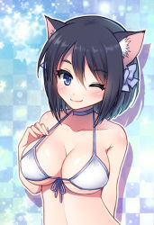 Rule 34 | 1girl, ;), animal ears, bikini, black hair, blue eyes, blush, bob cut, bow, breasts, cat ears, cat girl, choker, cleavage, female focus, front-tie top, gradient background, hair bow, large breasts, looking at viewer, mauve, one eye closed, original, short hair, smile, solo, swimsuit, upper body