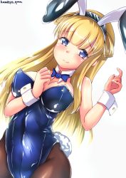 Rule 34 | 1girl, animal ears, artist name, between breasts, blonde hair, blue bow, blue leotard, blush, bow, bowtie, breasts, brown pantyhose, cleavage, covered navel, cowboy shot, detached collar, double bun, fake animal ears, fake tail, fishnet pantyhose, fishnets, fletcher (kancolle), hair between eyes, hair bun, hair ornament, highres, kantai collection, kumichou (nakasato-gumi), large breasts, leotard, lips, long hair, looking at viewer, pantyhose, playboy bunny, purple eyes, rabbit ears, rabbit tail, simple background, solo, strapless, strapless leotard, tail, traditional bowtie, white background, wrist cuffs