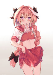 Rule 34 | 1boy, astolfo (fate), astolfo (sailor paladin) (fate), blush, bobo (6630978), bra, braid, fang, fate/apocrypha, fate/grand order, fate (series), hair intakes, hair ribbon, highres, long hair, looking at viewer, male focus, navel, neckerchief, official alternate costume, open mouth, pink hair, pleated skirt, purple eyes, ribbon, school uniform, serafuku, single braid, skirt, smile, socks, solo, trap, underwear, white background