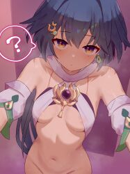 Rule 34 | 1girl, ?, absurdres, areola slip, black hair, blush, bottomless, breasts, closed mouth, detached sleeves, dot mouth, earrings, facial mark, hair between eyes, heart, heart facial mark, highres, honkai: star rail, honkai (series), jewelry, linea alba, long hair, looking at viewer, navel, nozora yuzu, out-of-frame censoring, single earring, small breasts, solo, speech bubble, spoken question mark, sweat, very long hair, yellow eyes, yunli (honkai: star rail)