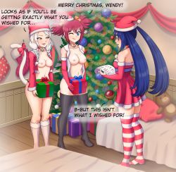 Rule 34 | 3girls, animal ears, bed, bedroom, bell, black socks, blue eyes, blue hair, box, braid, breasts, cat ears, cat tail, charle (fairy tail), choker, christmas, christmas tree, commission, commissioner upload, dress, elbow gloves, fairy tail, gift, gift box, glitchynpc, gloves, hat, highres, implied futanari, kneehighs, medium breasts, multiple girls, neck bell, nipples, no shoes, one eye closed, open clothes, open shirt, red gloves, red hair, santa hat, sheria blendy, socks, striped legwear, tail, thighhighs, tongue, tongue out, twin braids, twintails, wendy marvell, white hair, white legwear, yellow eyes