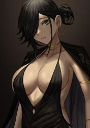Rule 34 | 1girl, black dress, black hair, black jacket, breasts, chinese commentary, collarbone, colt walker (girls&#039; frontline), commentary, commentary request, dark-skinned female, dark skin, dress, earrings, girls&#039; frontline, green eyes, hair over one eye, highres, jacket, jewelry, large breasts, lipstick, makeup, mixed-language commentary, neck ring, parted lips, plunging neckline, ponytail, selcky, short ponytail, sleeveless, sleeveless dress, solo