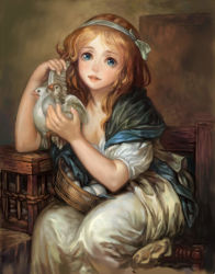 Rule 34 | 1girl, arm support, basket, bird, blue eyes, cage, chair, commentary, docoi, dove, egg, faux traditional media, fine art parody, jean-baptiste greuze, leaning forward, light brown hair, lips, looking at viewer, original, parody, sitting, smile, solo