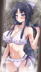 Rule 34 | 1girl, absurdres, assault lily, bare arms, bare shoulders, bikini, black hair, blurry, blurry foreground, blush, bow, bow bikini, breasts, cleavage, commentary request, cowboy shot, diagonal-striped bow, frilled bikini, frills, hair bow, hair lift, halterneck, hand up, high ponytail, highres, indoors, jewelry, large breasts, long hair, looking ahead, multi-strapped bikini bottom, navel, necklace, official alternate costume, official alternate hairstyle, parted lips, pearl necklace, pendant, ponytail, puff of air, purple bikini, purple bow, purple eyes, shirai yuyu, shower (place), showering, sidelocks, solo, standing, steam, stomach, swimsuit, thigh strap, very long hair, ya-man